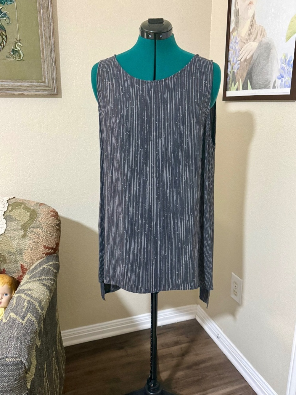 Eileen Fisher Silk Tunic Top – Size XL – Charcoal Pinstripe